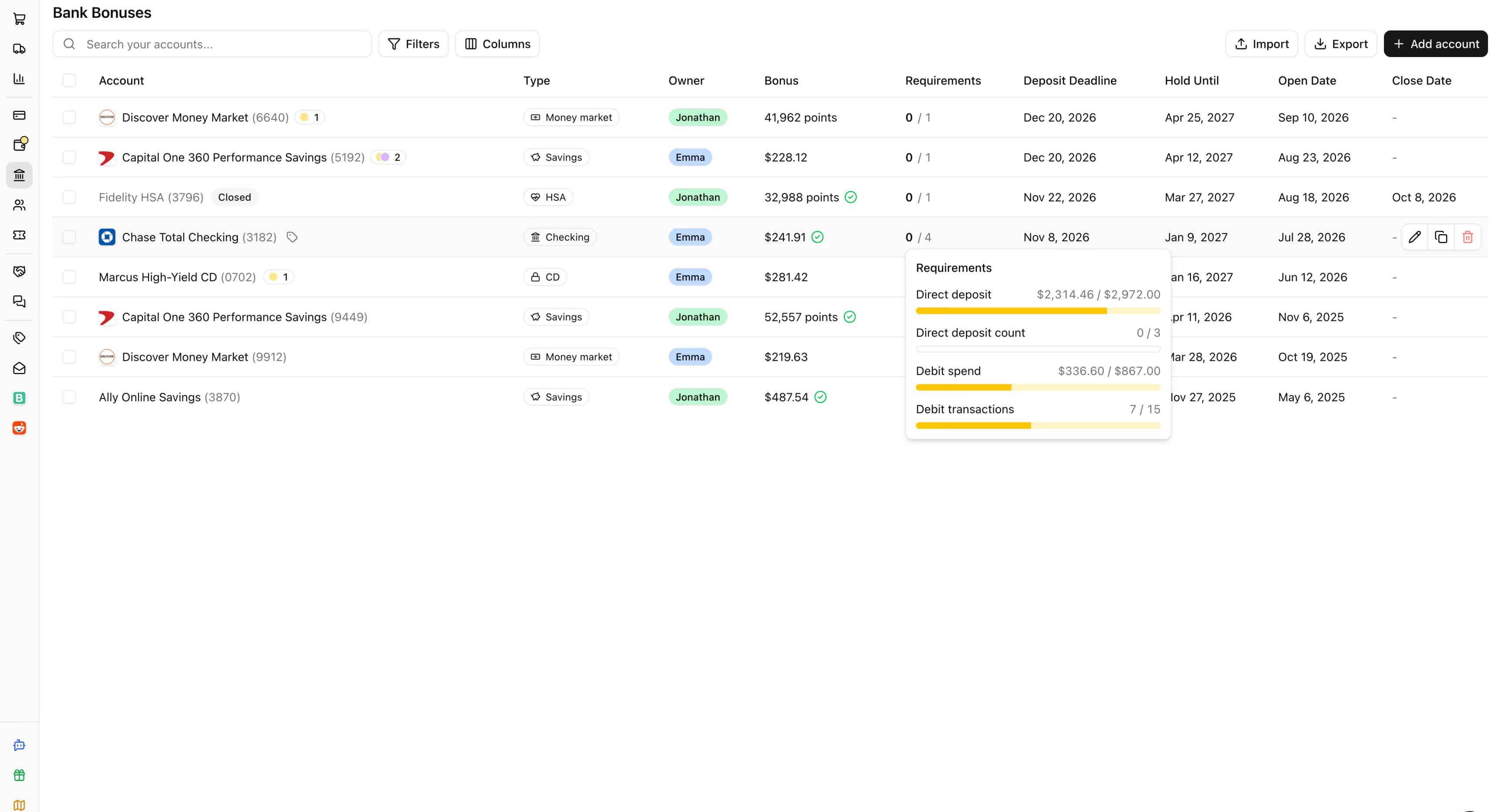 Bank bonus tracking in Churning Tracker