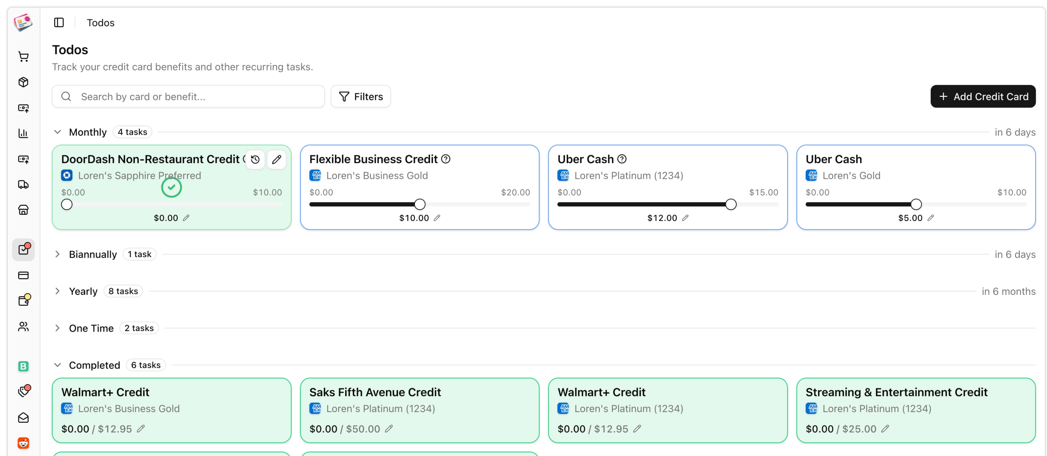 Card benefits tracking in Churning Tracker