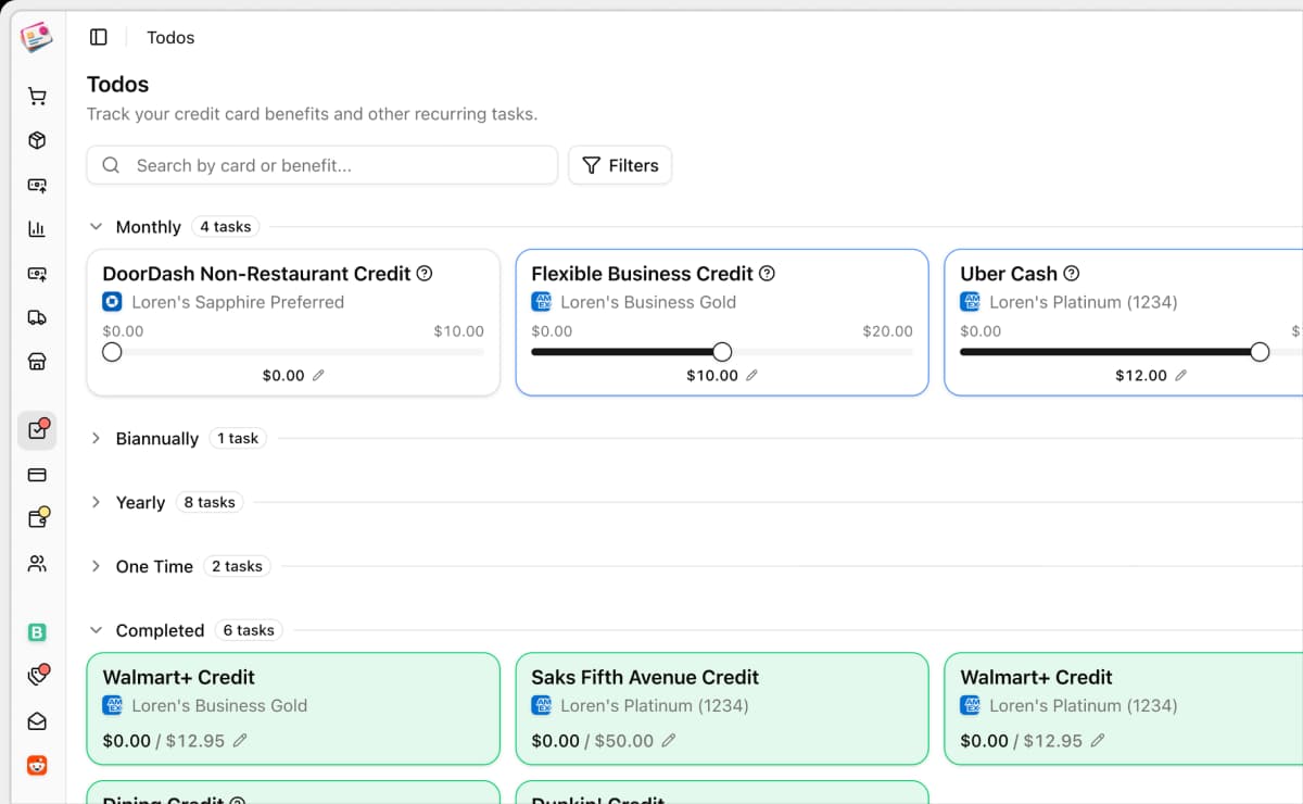 Credit card benefits tracking in Churning Tracker