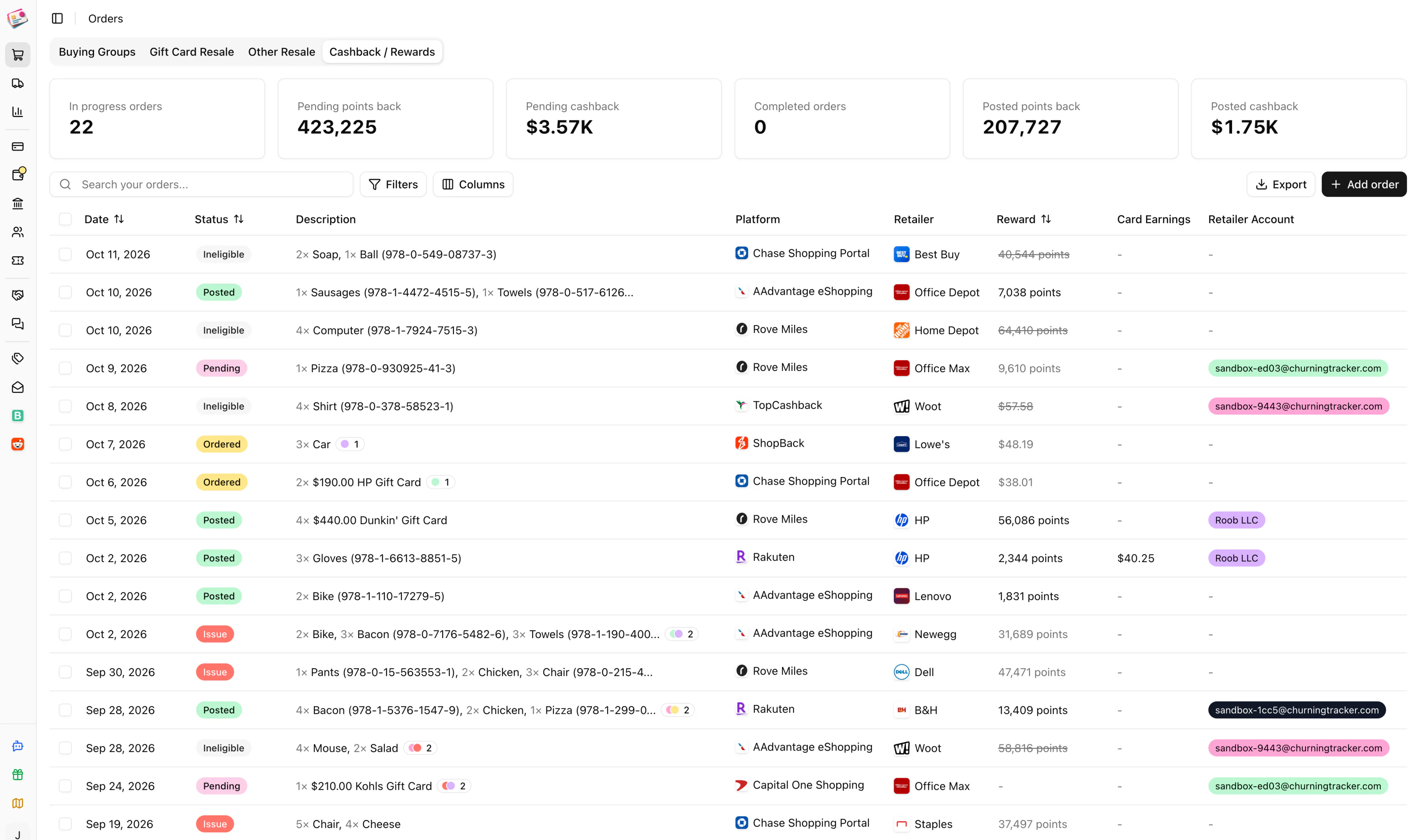 Cashback portal order tracking in Churning Tracker