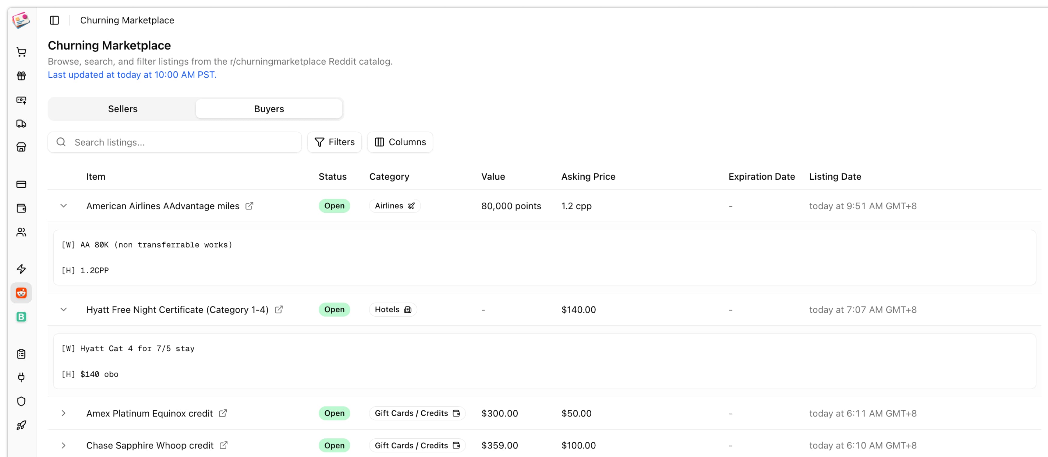 Churning Marketplace in Churning Tracker
