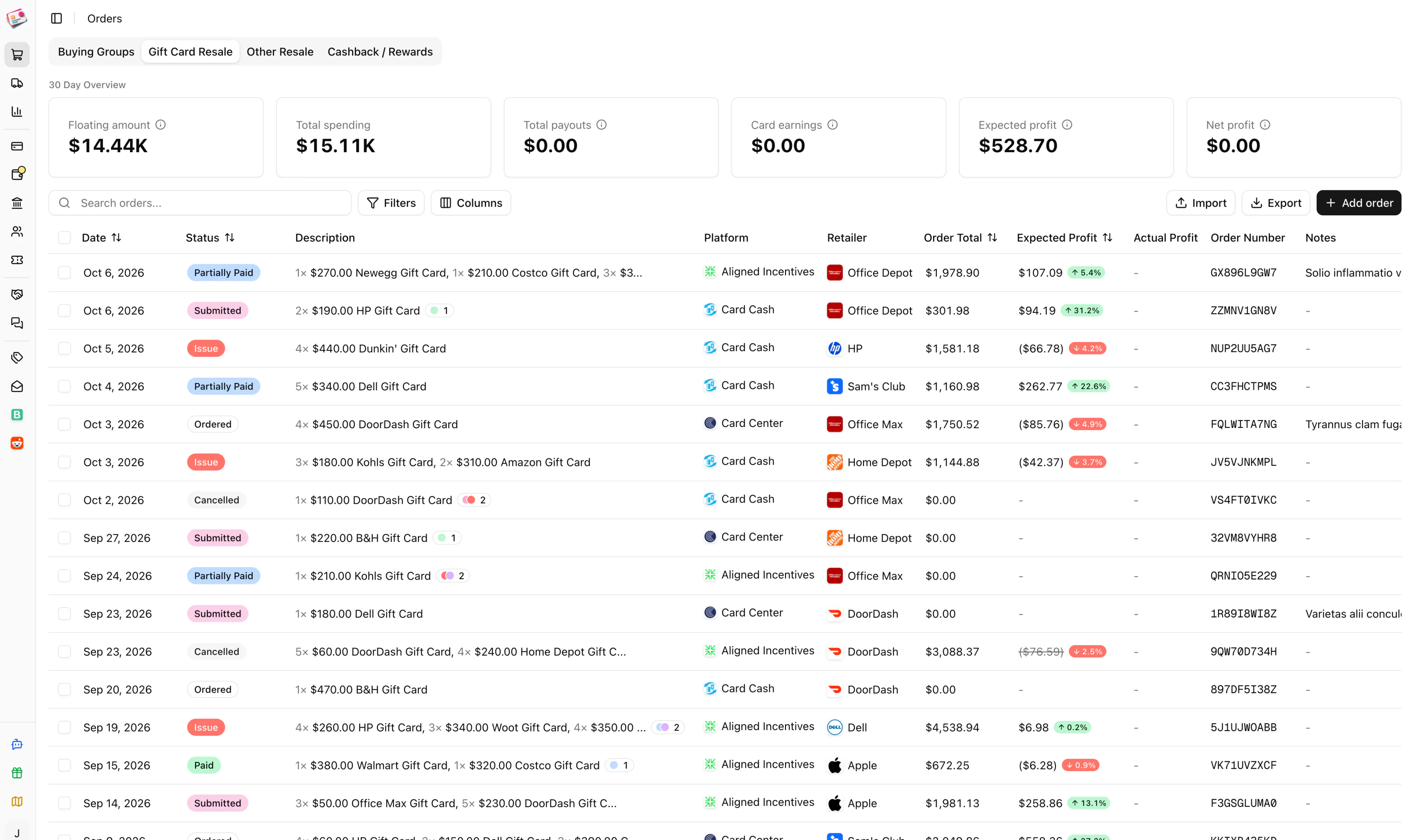 Gift card resale orders with expected profit in Churning Tracker