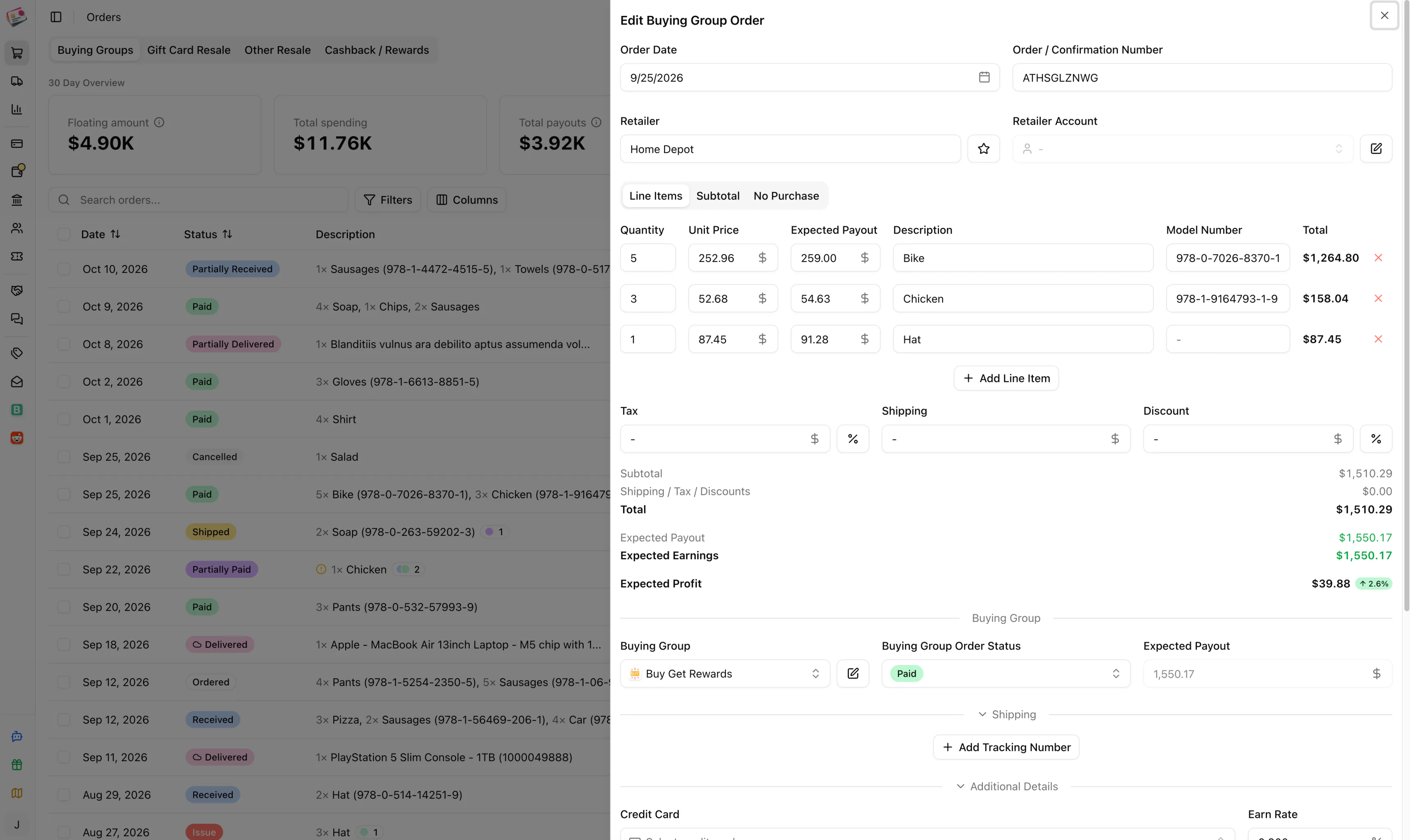 Manufactured spend order tracking in Churning Tracker