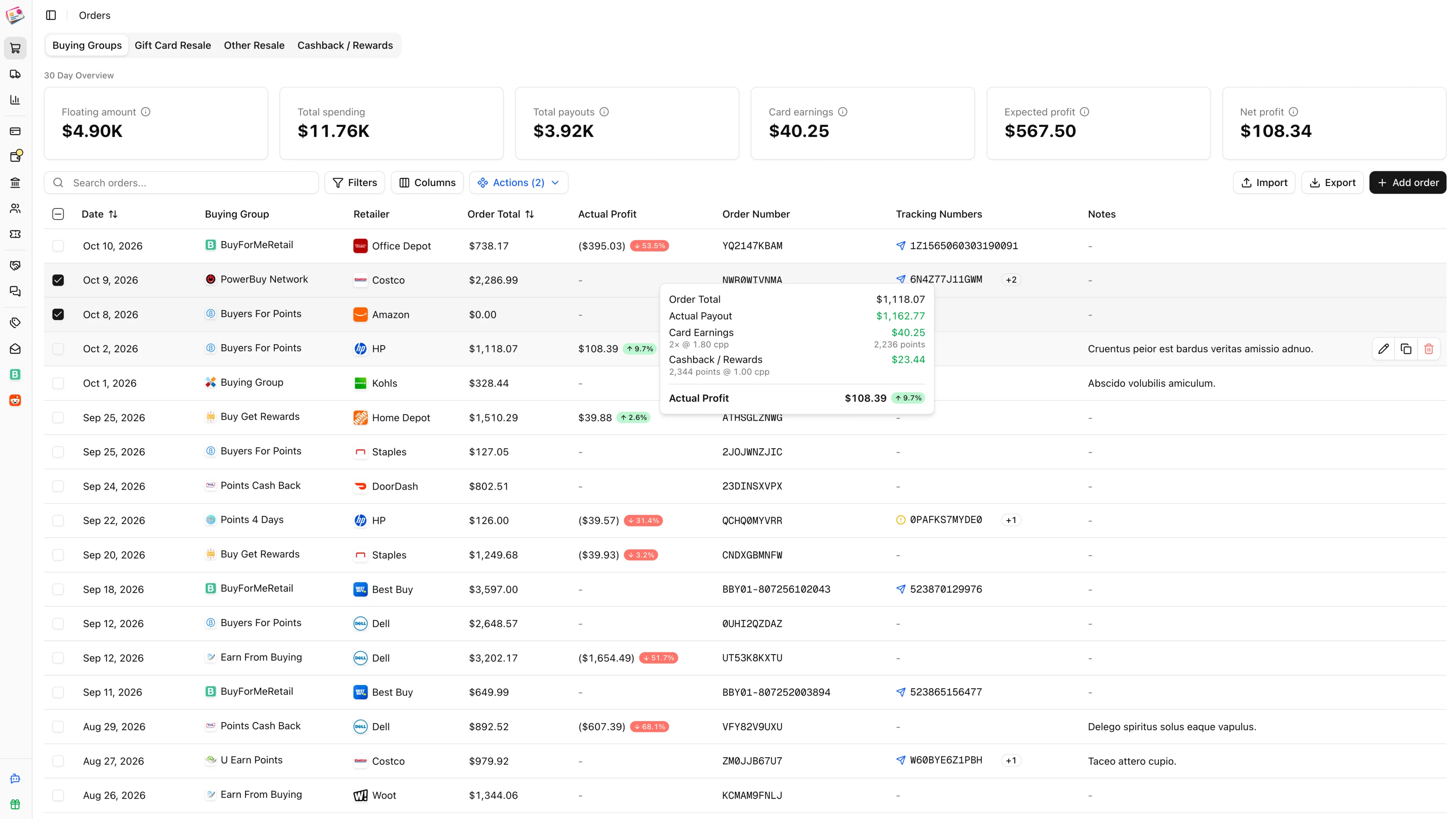 Churning Tracker dashboard with order and payout reporting