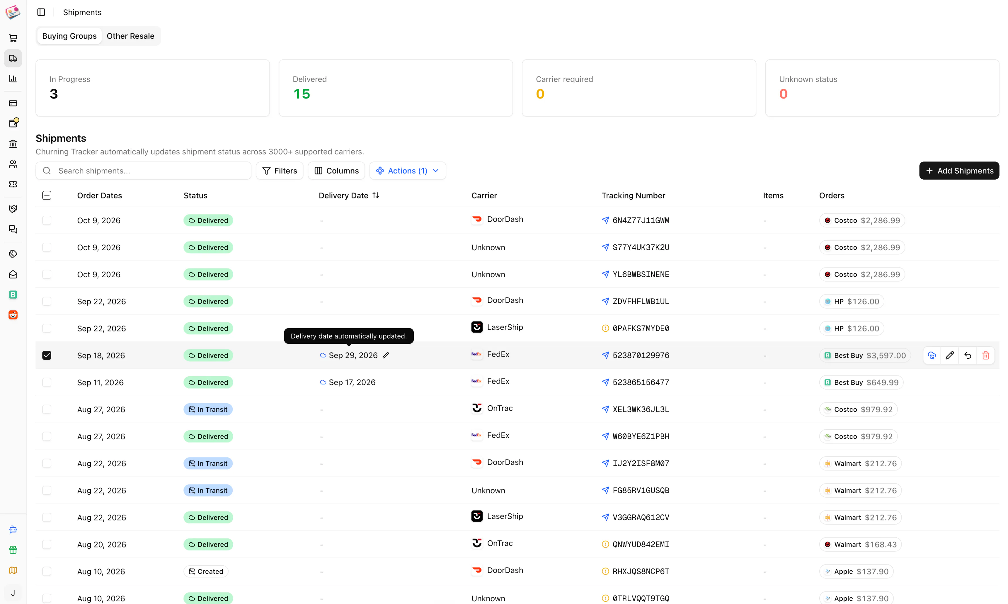 Submitting tracking numbers to a buying group in Churning Tracker